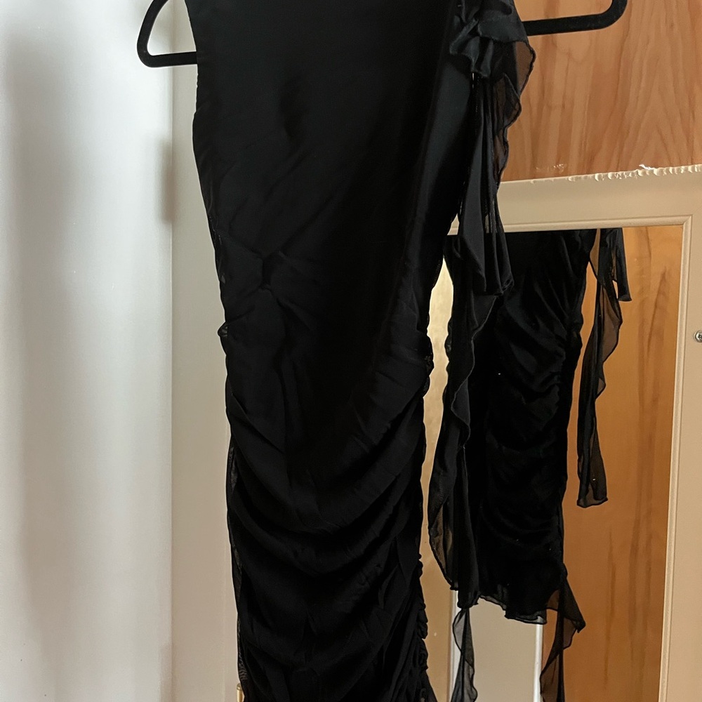 High neck low back Black Ruched Dress